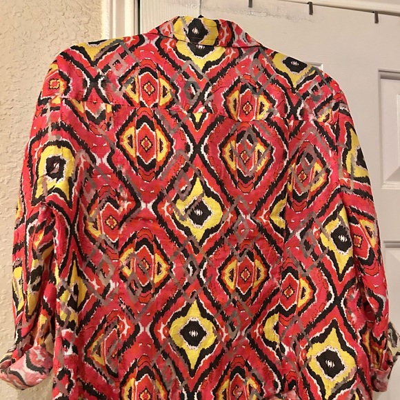 Ruby Rd. Red Yellow Black Ikat Button-Front Blouse - Picture 3 of 7